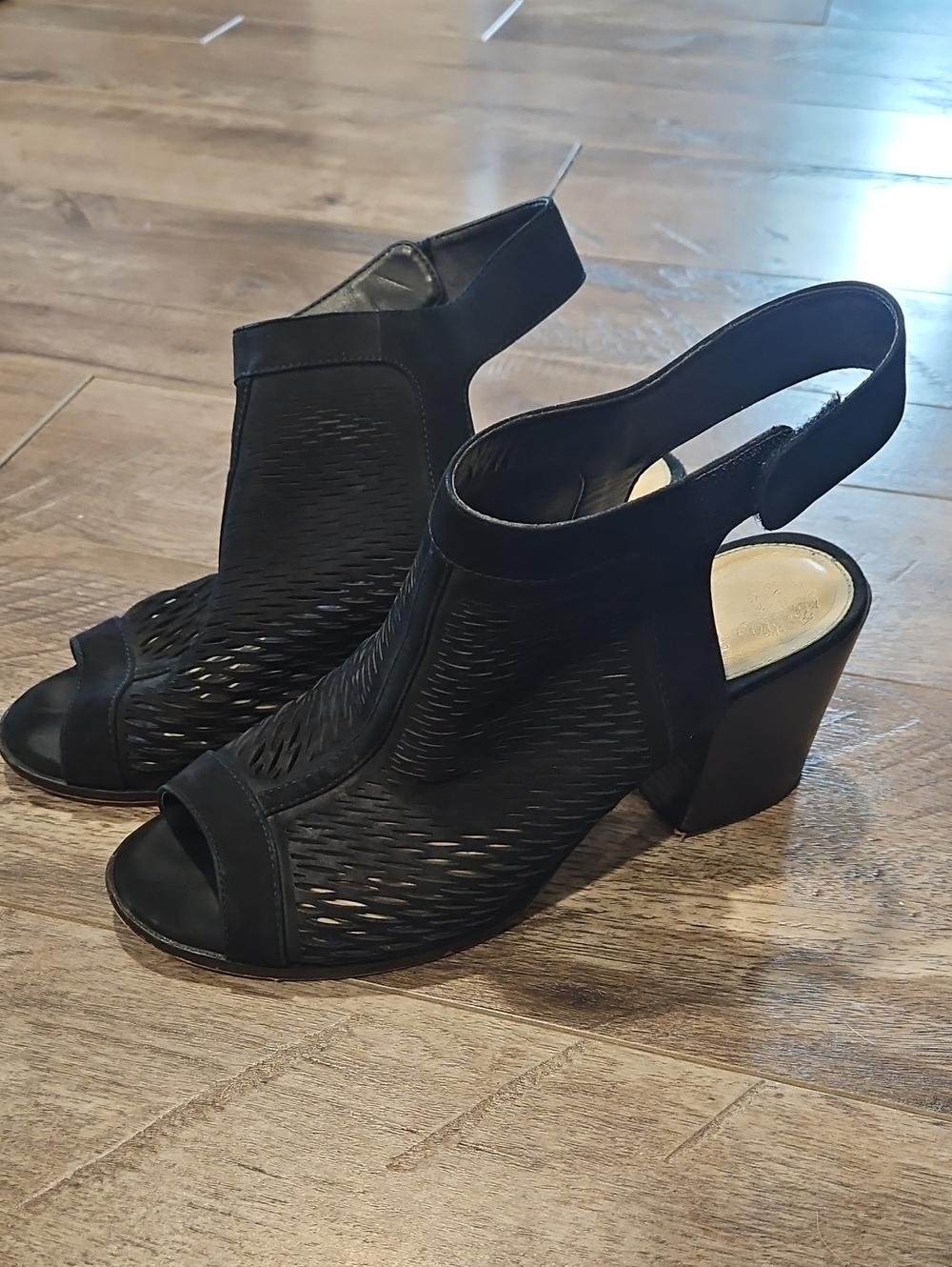Black Open-Toe Slingback Heels with Laser Cut Detailed Upper
